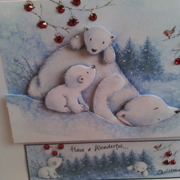 Christmas card. Decoupage card and gift tag set. Polar bears. CC860