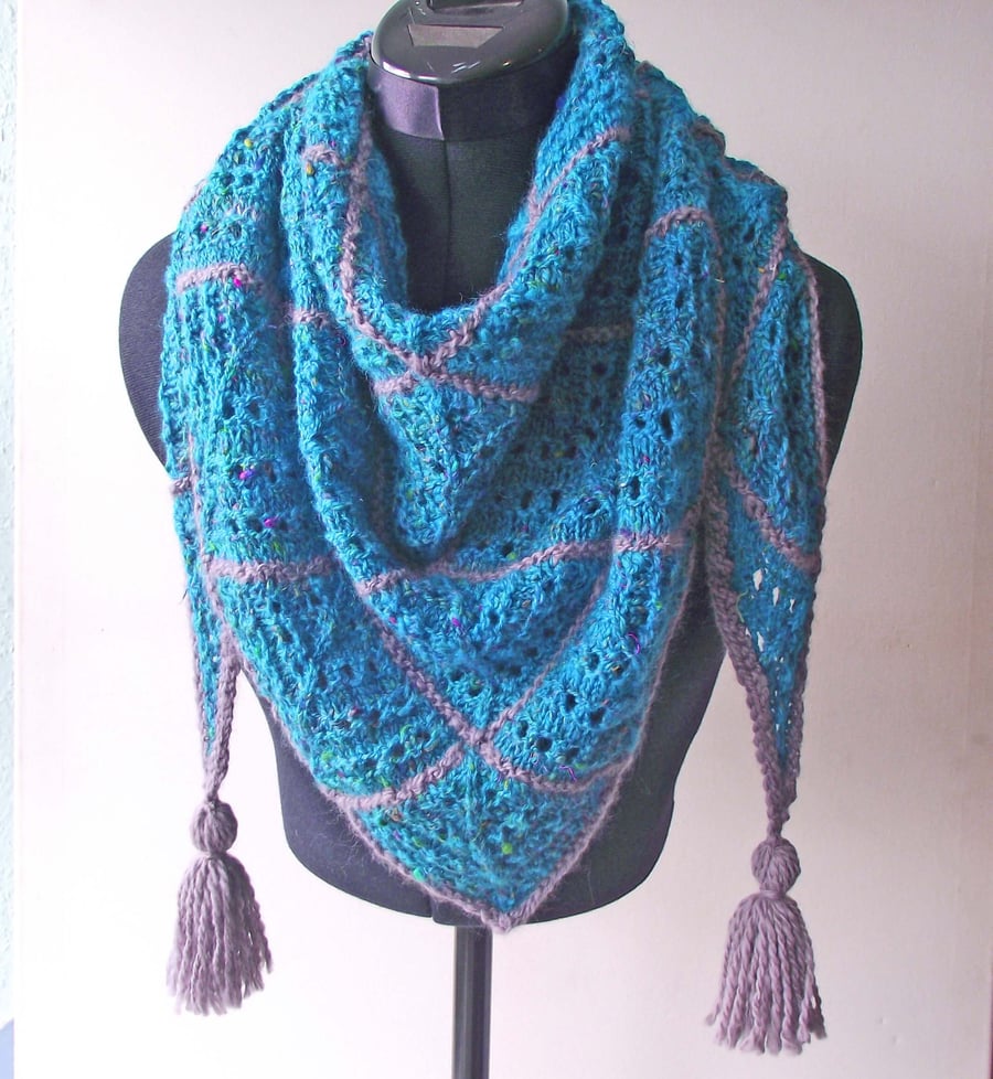 Handspun Knitted Shawl, Wrap, Scarf, Turquoise and Grey Merino Wool, Sari Silk