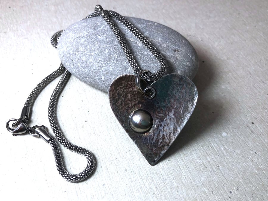 Patinated Sterling Silver Heart on a Stainless Steel Snake Chain