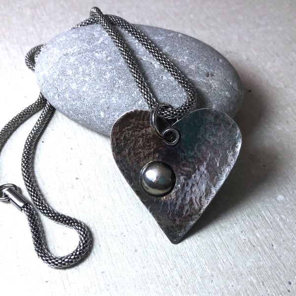 Patinated Sterling Silver Heart on a Stainless Steel Snake Chain