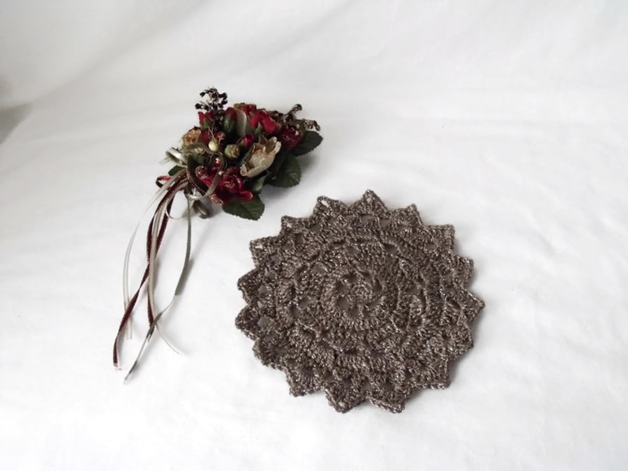 silver sparkly crocheted christmas doily, crochet candle mat table decoration