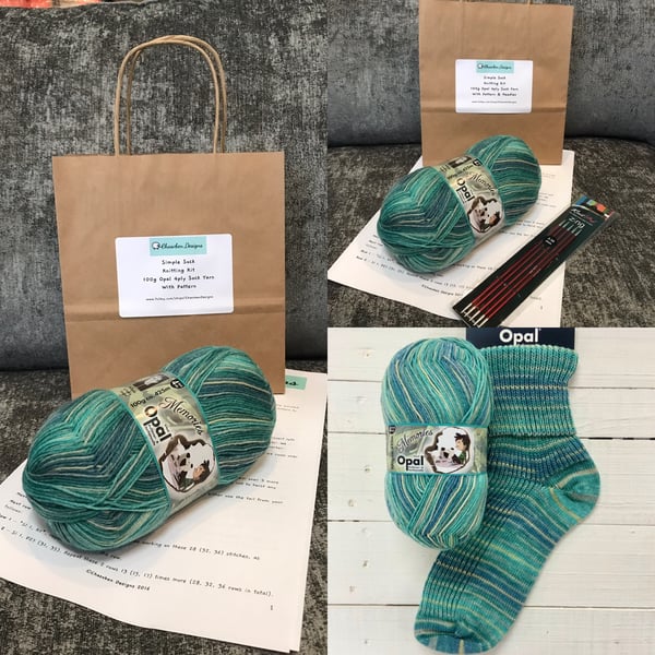 Opal 4 Ply Simple Sock Knitting Kit - Turquoise mix