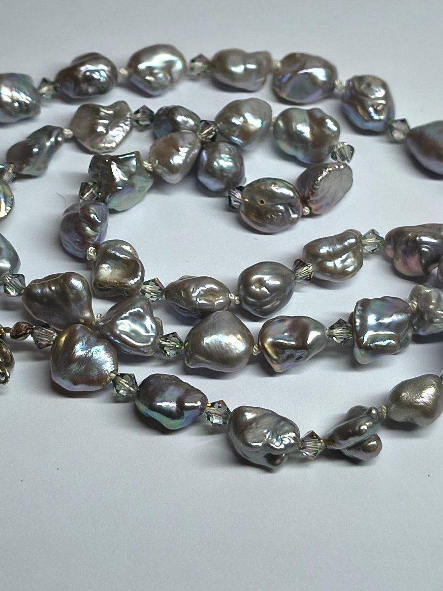Silver Peacock Freshwater Pearl Necklace with Swarovski Crystals Handmade