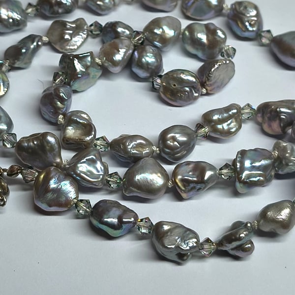 Silver Peacock Freshwater Pearl Necklace with Swarovski Crystals Handmade