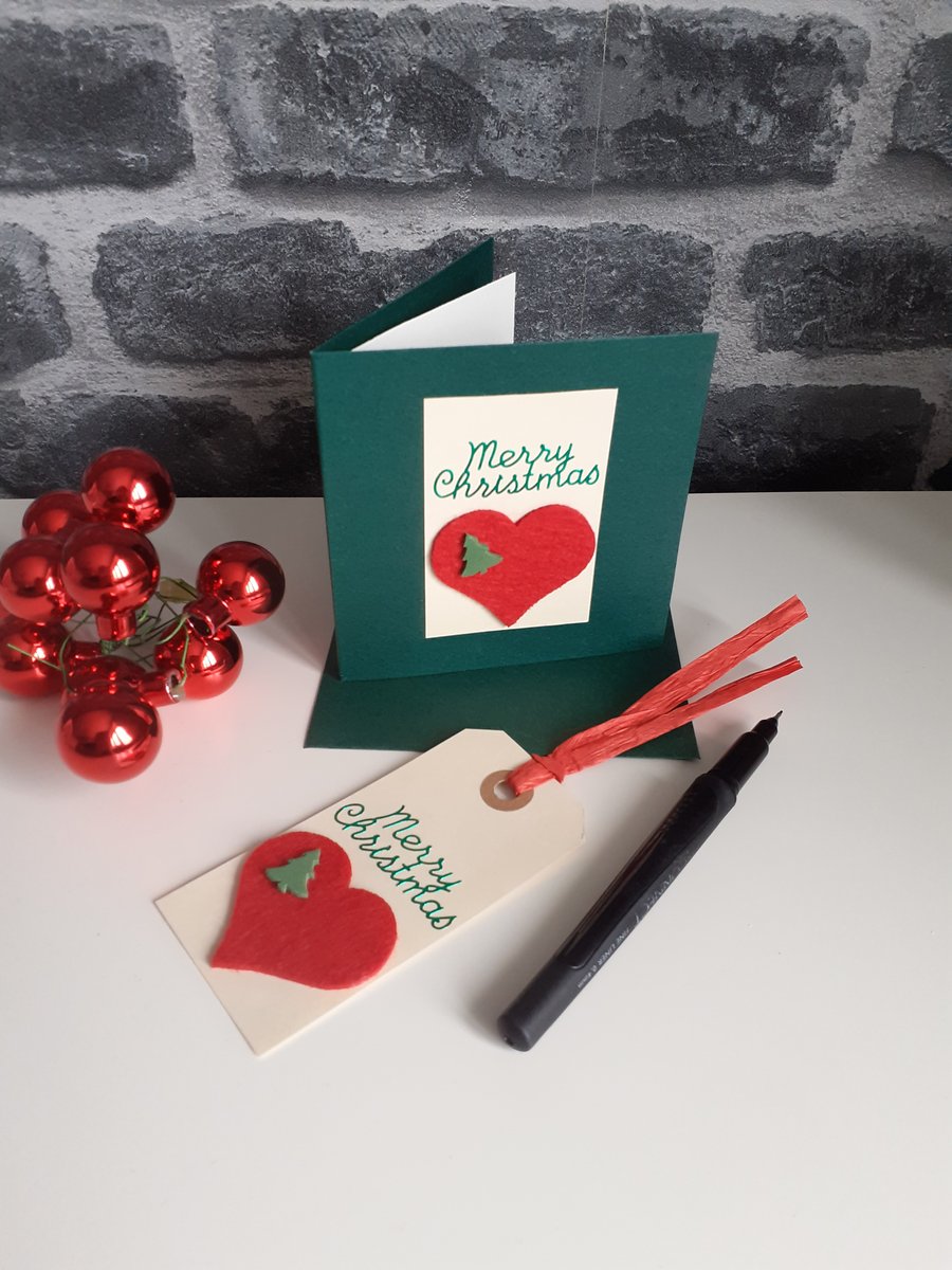 Christmas card and gift tag set - red heart and Christmas tree