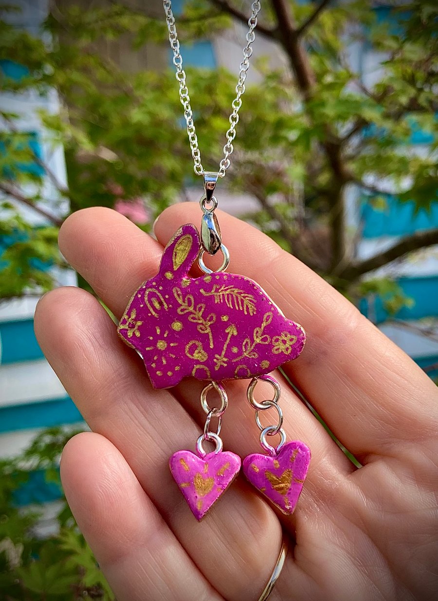 Pink Boho Rabbit Handmade Pendant Necklace  with Heart Charms