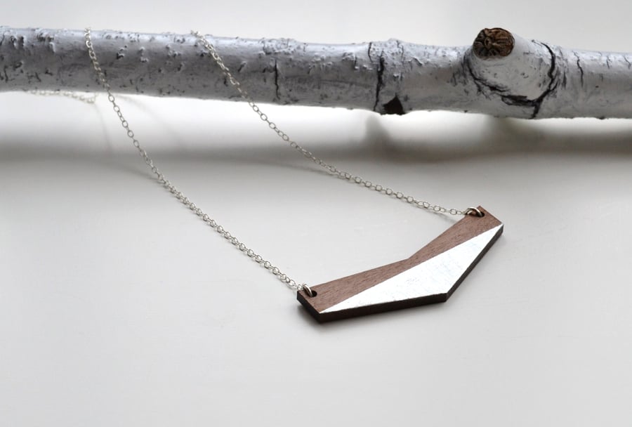 Wooden Chevron Necklace with Silver Leaf