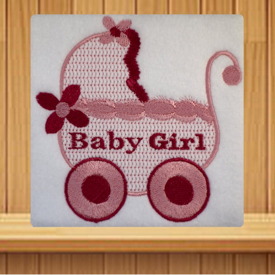  Handmade baby girl pram greetings card embroidered design