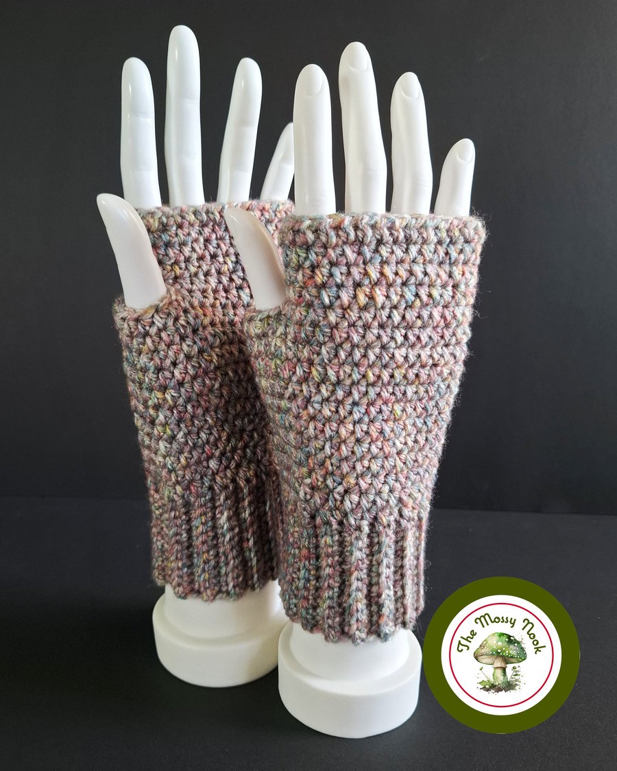 Fingerless Gloves. Heathered Multicolour. Crochet Fingerless Mittens.
