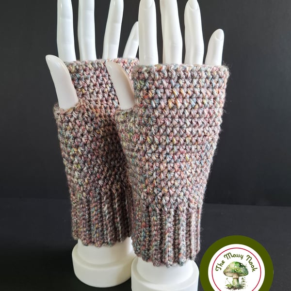 Fingerless Gloves. Heathered Multicolour. Crochet Fingerless Mittens.