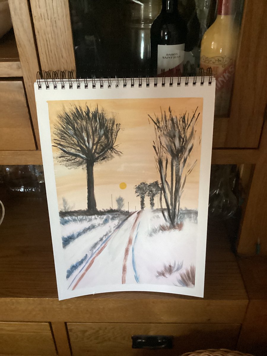 Wintry, snowy, mid evening, path, watercolour, mix media.