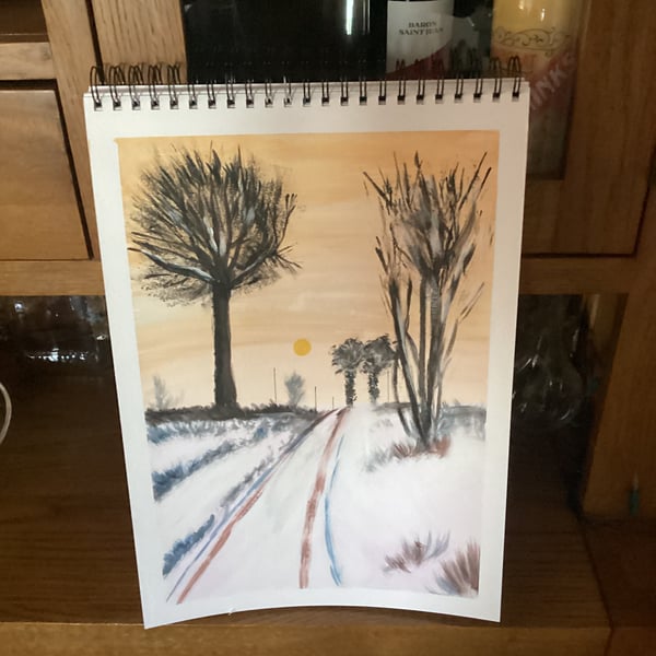 Wintry, snowy, mid evening, path, watercolour, mix media.