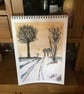 Wintry, snowy, mid evening, path, watercolour, mix media. - Image 1