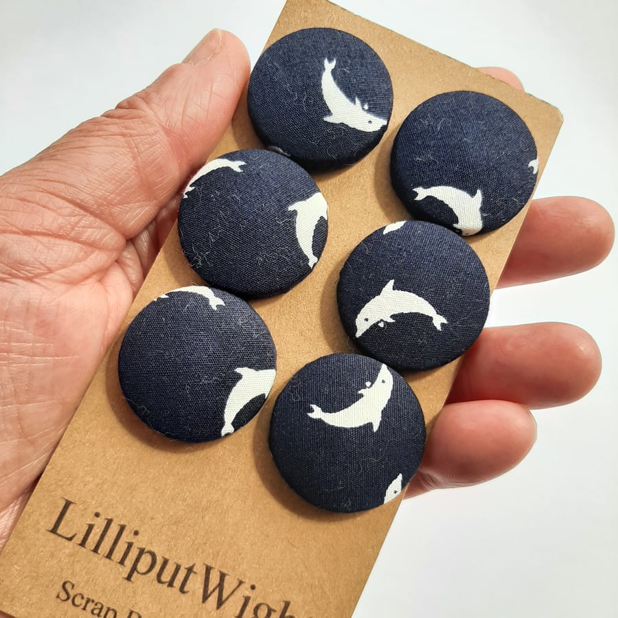 Set of six scrap bag buttons - Navy blue with white diving dolphins
