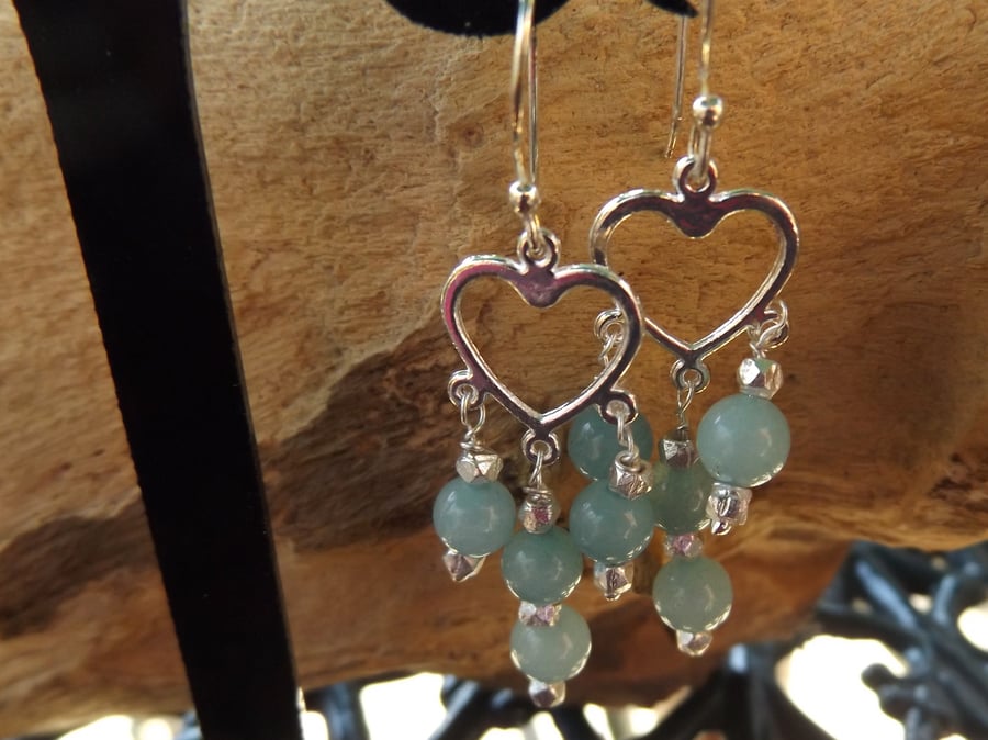 Aquamarine silver heart charm chandelier earrings