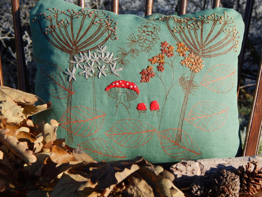Dark green - Woodland and Fungi - Screen printed linen cushion 