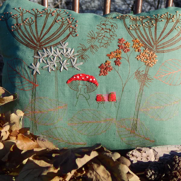 Dark green - Woodland and Fungi - Screen printed linen cushion 
