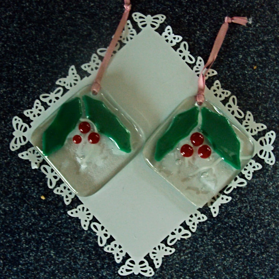 Handmade fused glass holly decorations