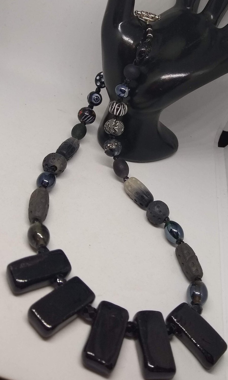 Black Necklace Black and Grey Ceramic and Stone Beads Handmade