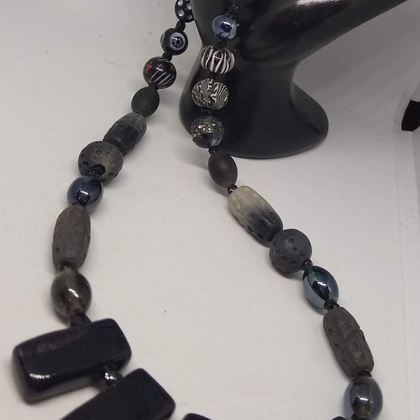 Black Necklace Black and Grey Ceramic and Stone Beads Handmade