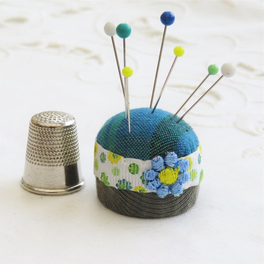 Very Tiny Blue and Green Pincushion from recycled materials