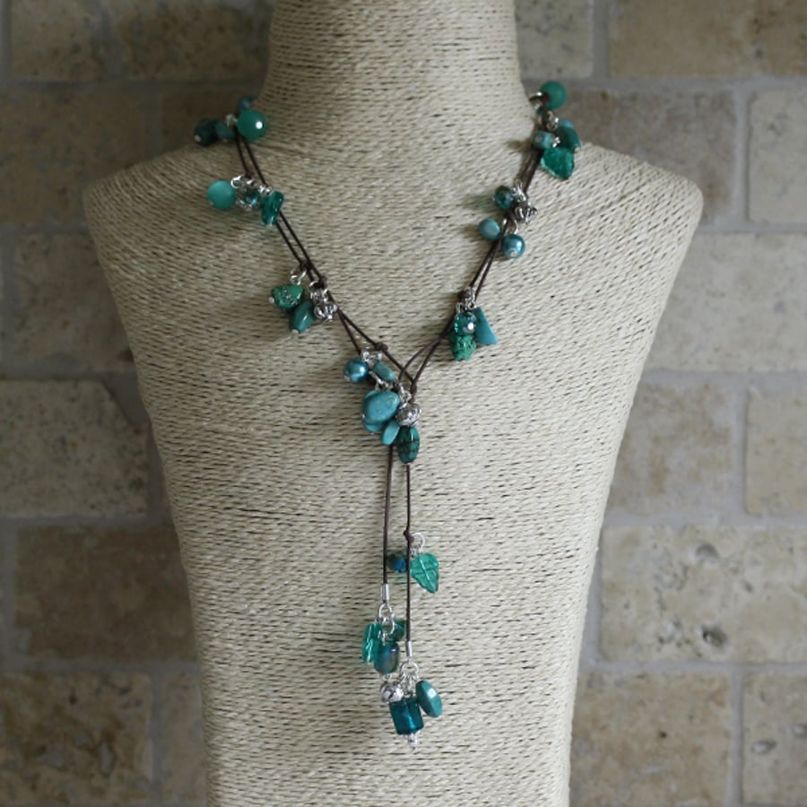 Turquoise and Silver beaded Lariat, Long necklace