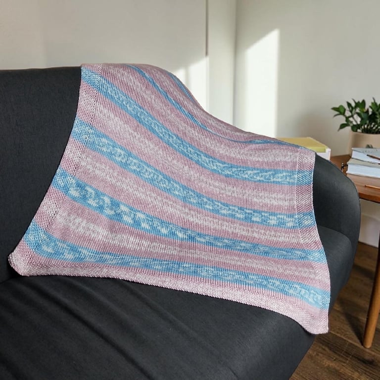 Hand Knitted Pink and Blue Baby Blanket Fair Isle Style Pram Blanket Gift