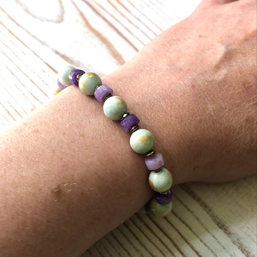 Gemstone Stretch Bracelet, Pale Green Howlite, Purple Lepidolite & Gold Pyrite