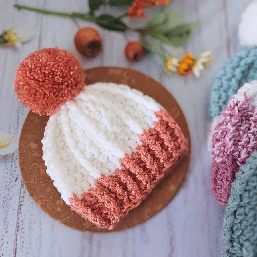 Pom Pom Beanie Bobble Hat, Crochet In Sizes Baby Up To Adult 