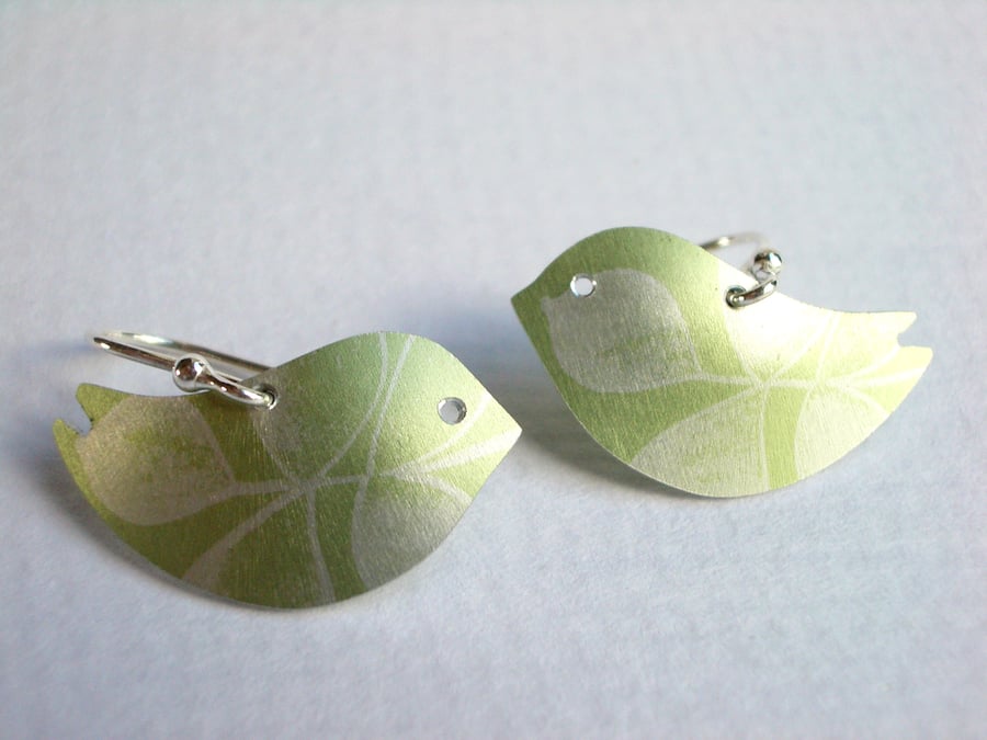 Bird earrings with green leaf print