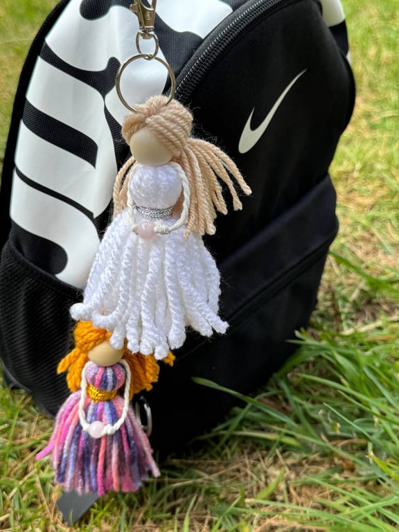 NEW - Handmade Guardian Angel Keyring - Rose Quartz & Amethyst Crystal Charm 
