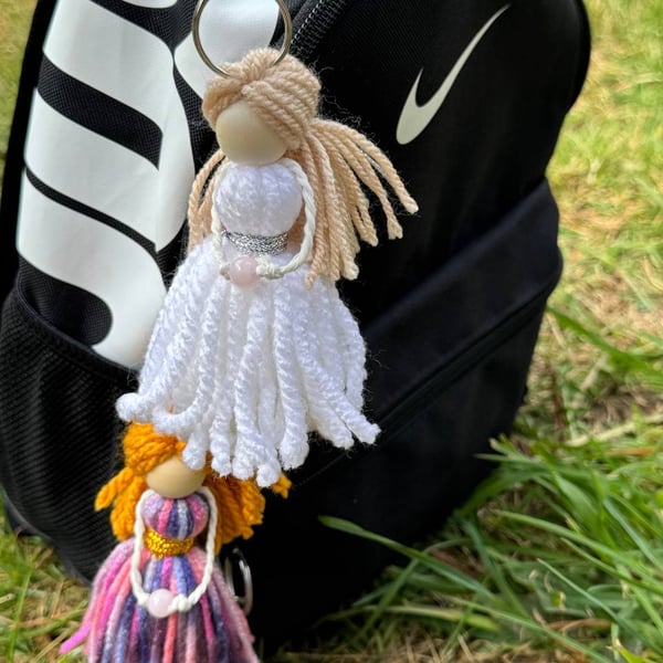 NEW - Handmade Guardian Angel Keyring - Rose Quartz & Amethyst Crystal Charm 