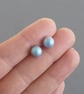 8mm Iridescent Light Blue Stud Earrings - Round Pale Blue Glass Pearl Studs - Image 4