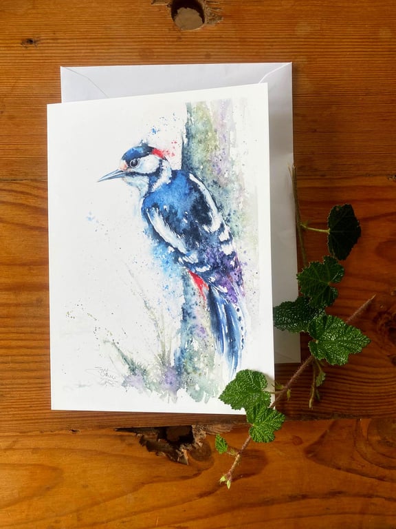Woodpecker Card. A watercolour Art Card, A5 size on Satin Card with Envelope  
