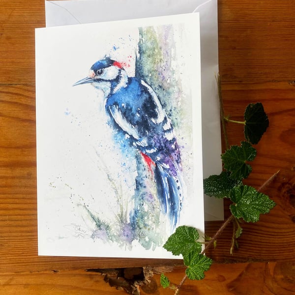 Woodpecker Card. A watercolour Art Card, A5 size on Satin Card with Envelope  