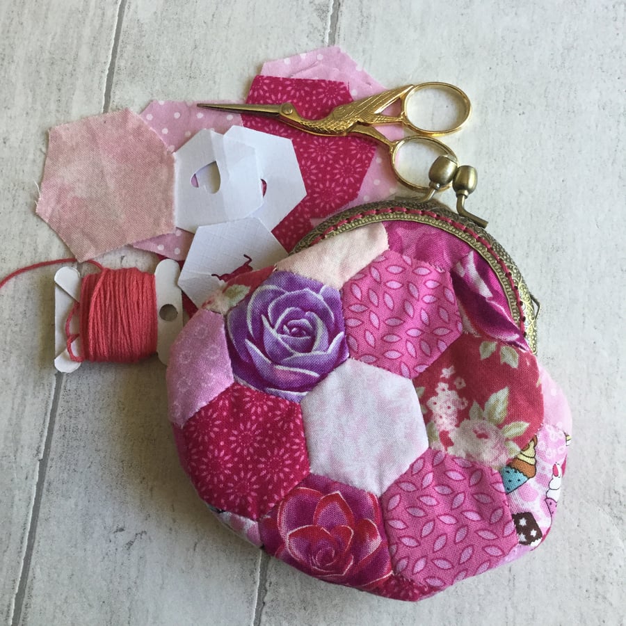 English Paper Piecing Pink Patchwork Clasp Coin Purse RESERVED for Penny