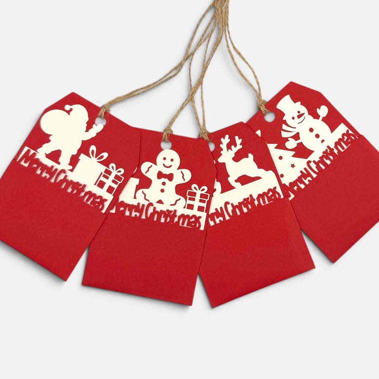 Handmade Christmas Gift Tags, Slide In Message Tags, Red Set of 4
