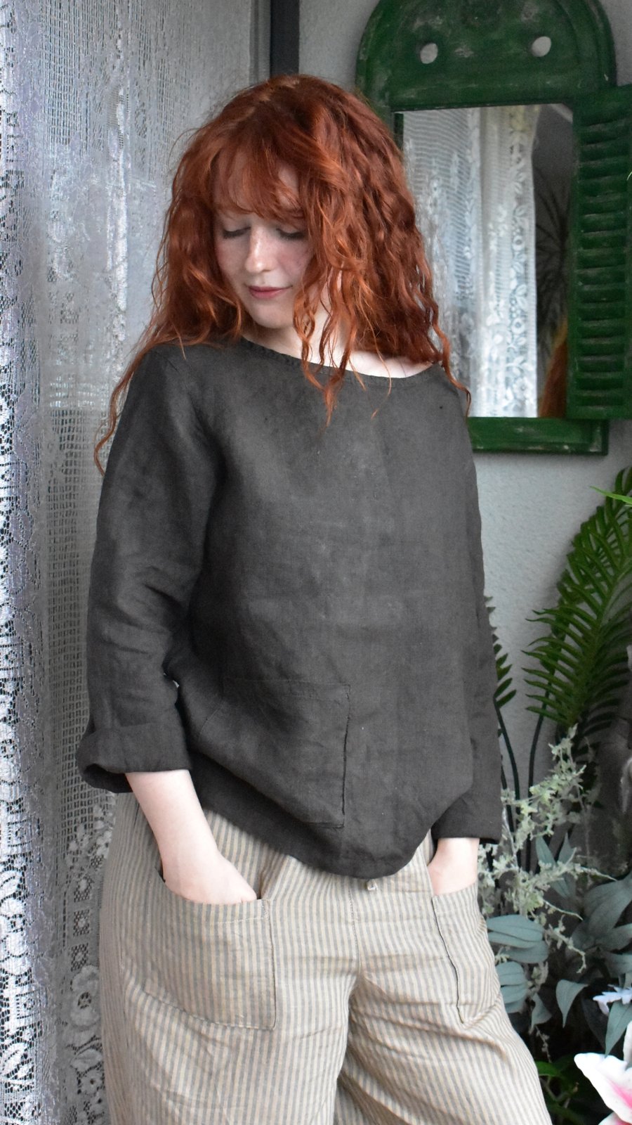 'Willow' Handmade Coffee Brown Yarn Dyed Linen Loose Boxy Top