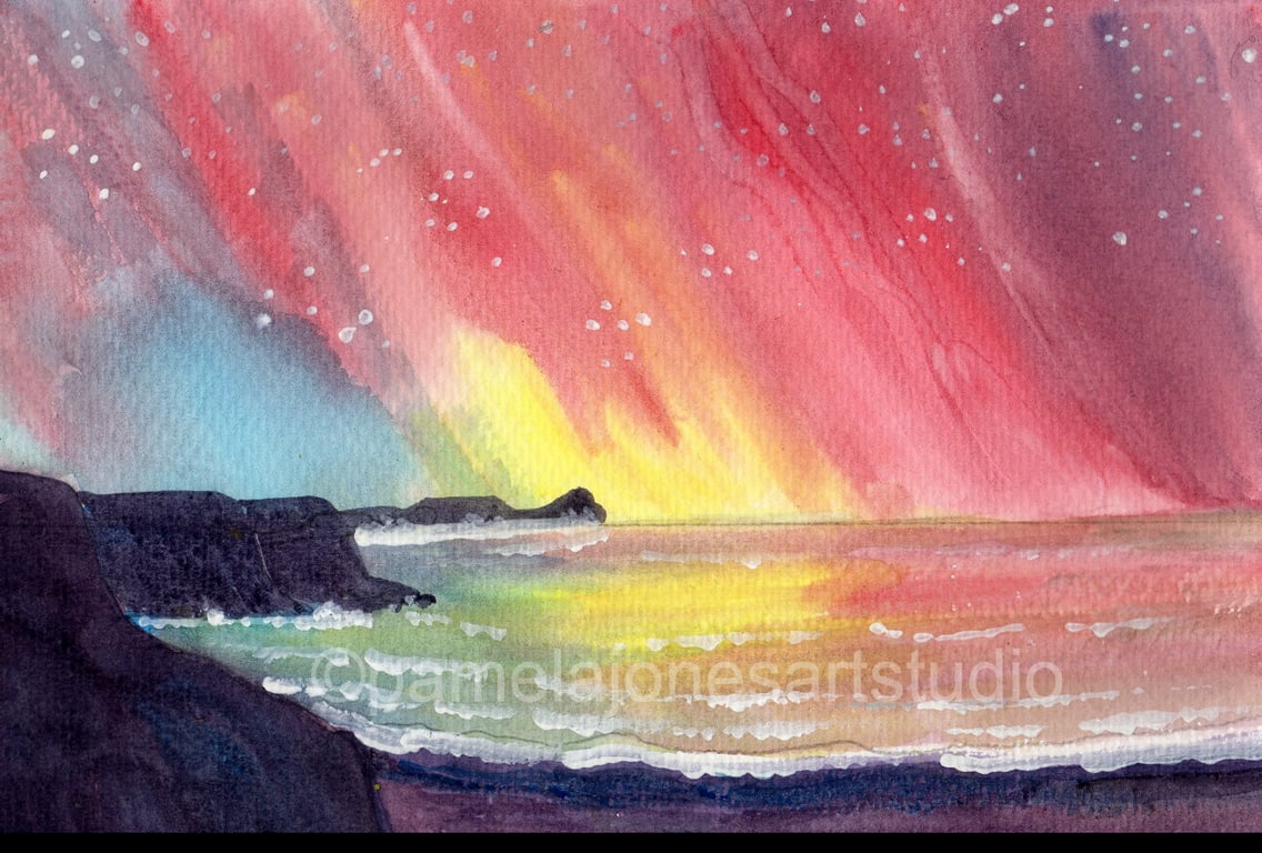 Northern Lights, Rhossili Bay, Gower, Original Watercolour, in 14 x 11 '' Mount