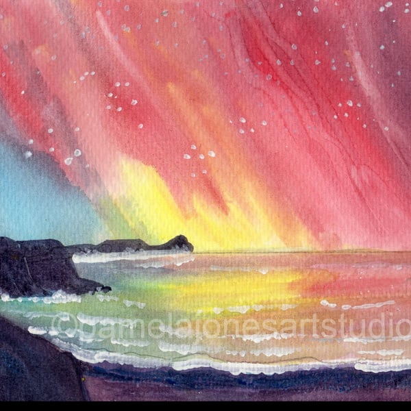 Northern Lights, Rhossili Bay, Gower, Original Watercolour, in 14 x 11 '' Mount