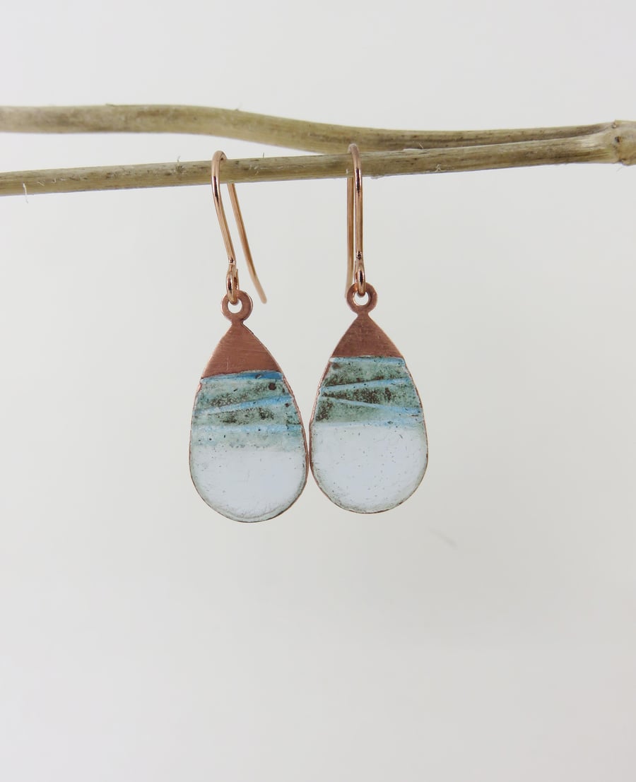Copper with blue and white enamel dangle earrings