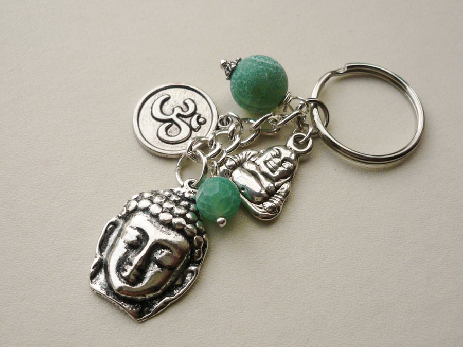 Keyring Bag Charm Jade Green Agate Beaded Silver 'Buddha'  KCJ1677