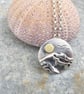 Circular silver, sea coast sunrise pendant, with brass sun and seagulls - Image 1