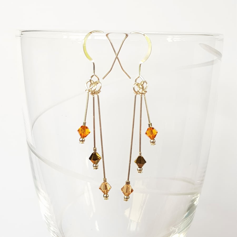 Swarovski Crystal Staggered Triple Drop Earrings - Golden Colours