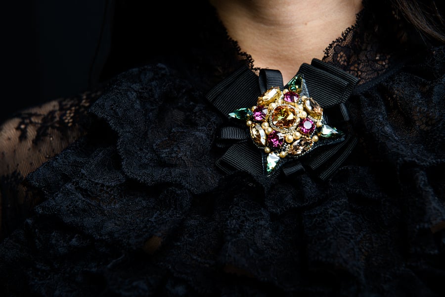 Glamorous Swarovski crystal black gold fuchsia embellished beaded ribbon brooch