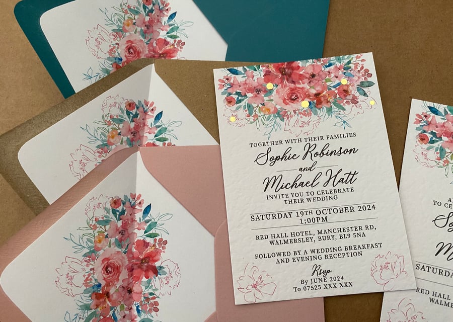 Blush pink, coral flowers WEDDING INVITATIONS teal leaves design invites