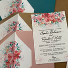 Blush pink, coral flowers WEDDING INVITATIONS teal leaves design invites