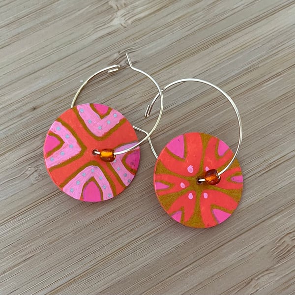 2.5 CM Diameter, Hand-painted Front and Back Paper Earrings on a 2.5 CM Hoop