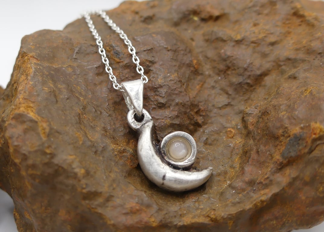Sterling Silver Half Moon with Peach Moonstone Gemstone Pendant Necklace.