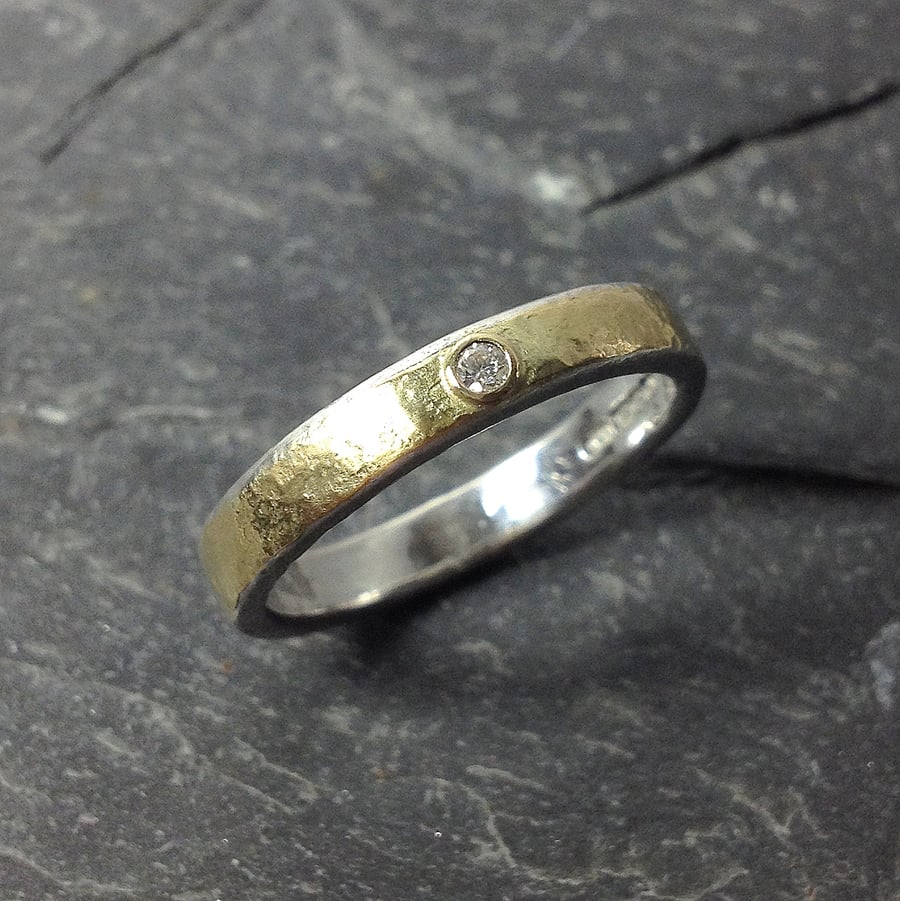 Diamond ring silver and 18ct gold UK size P